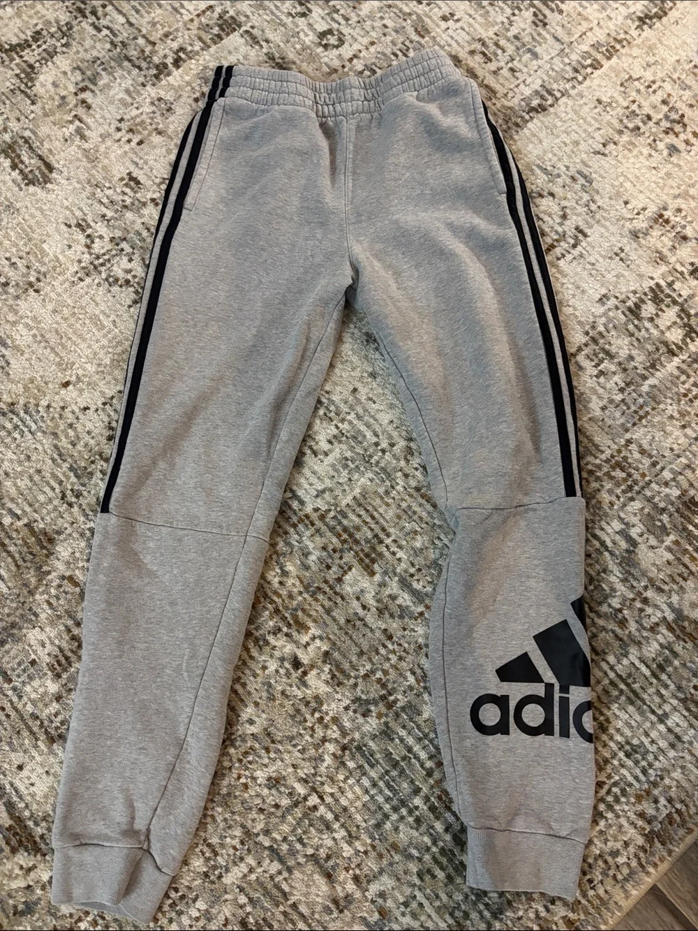 adidas Grey Jogger Sweatpants with Black Logo Stripes